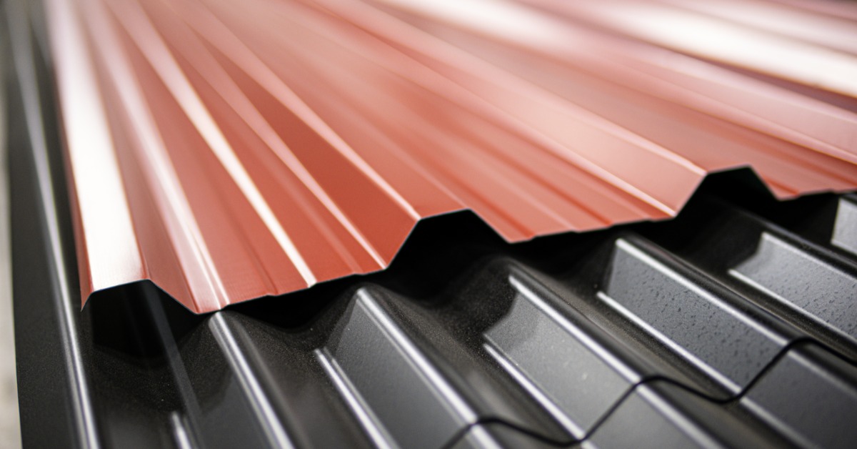 A close-up of corrugated metal roofing panels in red and black, showing layered profiles and surface texture.