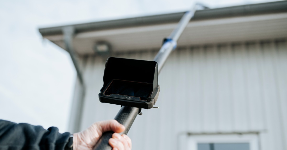 A worker uses an inspection camera to examine the exterior of a metal building for maintenance concerns.
