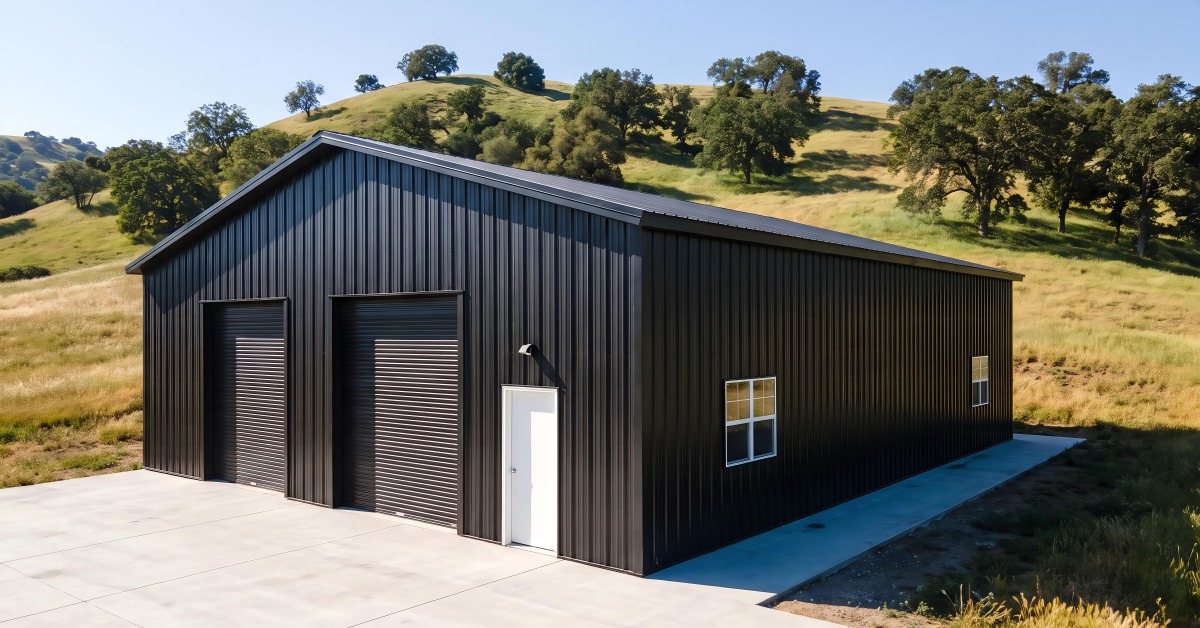 A black metal pole building stands on a rural property with open land surrounding the completed structure.