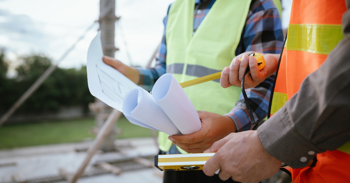 Contractors review building plans and take measurements while evaluating conditions at a construction site.